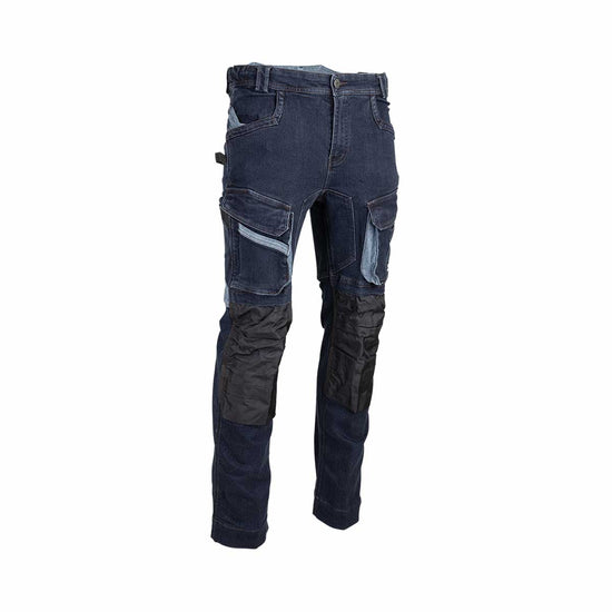 Pantalon de travail SEATTLE #1623 Hugo Strong en denim extensible avec renforts Oxford 300D. Confort, solidité et mobilité pour un usage professionnel.