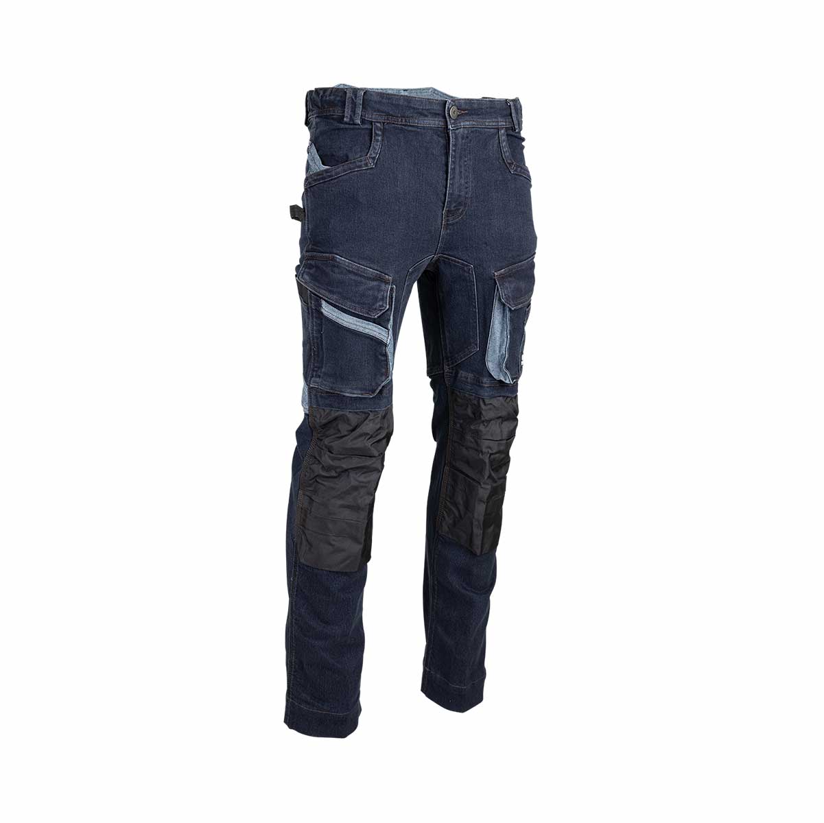 Pantalon de travail SEATTLE #1623 Hugo Strong en denim extensible avec renforts Oxford 300D. Confort, solidité et mobilité pour un usage professionnel.