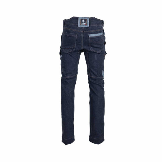 Pantalon de travail SEATTLE #1623 Hugo Strong en denim extensible avec renforts Oxford 300D. Confort, solidité et mobilité pour un usage professionnel.